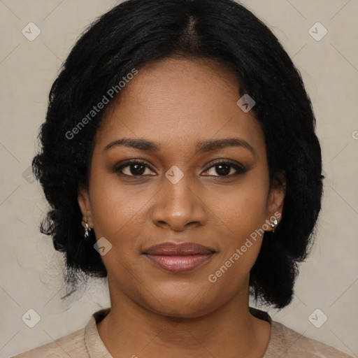 Joyful black young-adult female with medium  black hair and brown eyes
