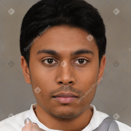 Neutral latino young-adult male with short  black hair and brown eyes