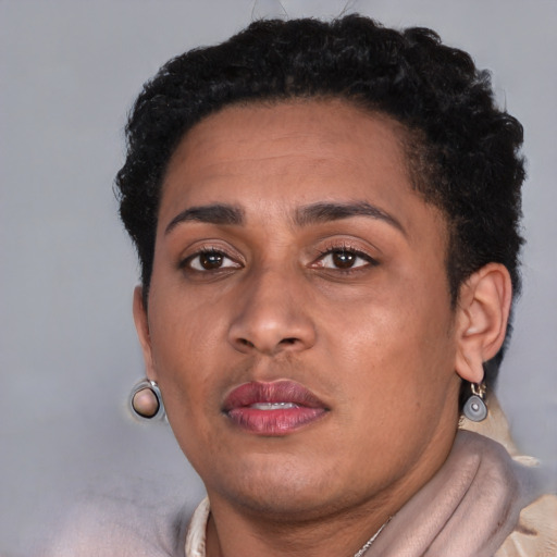 Neutral black young-adult female with short  brown hair and brown eyes