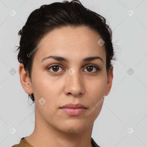 Neutral white young-adult female with short  brown hair and brown eyes