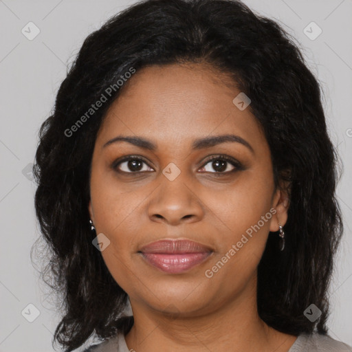 Joyful black young-adult female with medium  black hair and brown eyes