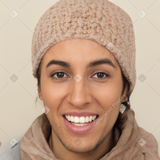 Joyful white young-adult female with short  black hair and brown eyes