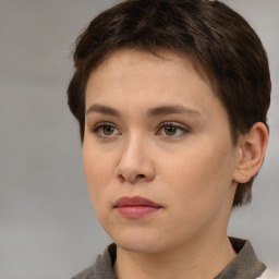 Neutral white young-adult female with short  brown hair and brown eyes