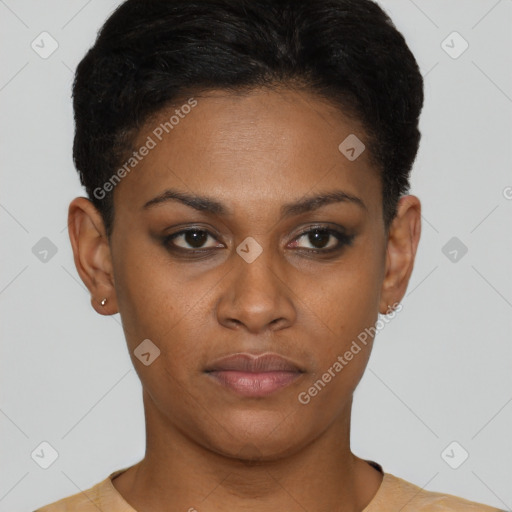 Joyful black young-adult female with short  brown hair and brown eyes