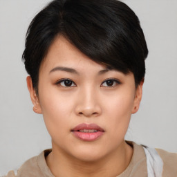 Neutral asian young-adult female with short  brown hair and brown eyes