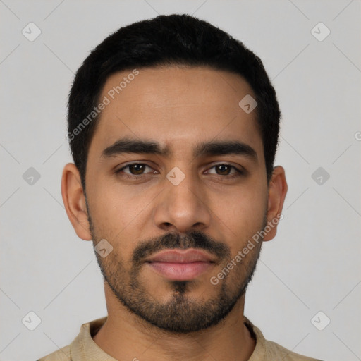 Neutral latino young-adult male with short  black hair and brown eyes