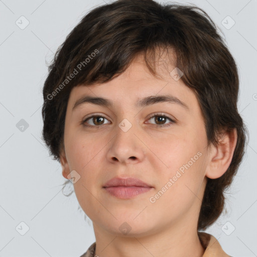 Joyful white young-adult female with medium  brown hair and brown eyes