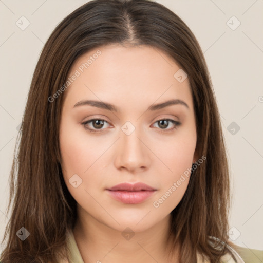 Neutral white young-adult female with long  brown hair and brown eyes