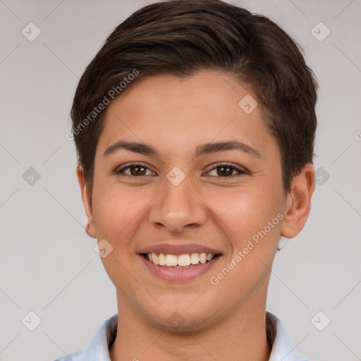 Joyful white young-adult female with short  brown hair and brown eyes