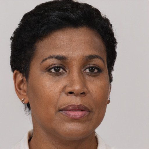 Neutral black adult female with short  brown hair and brown eyes