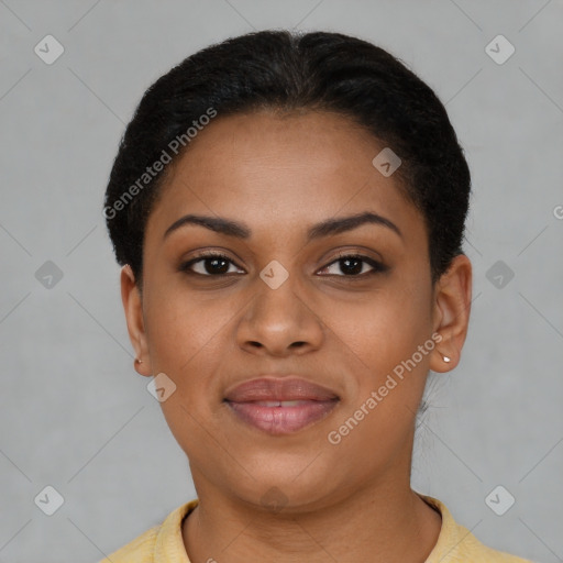 Joyful latino young-adult female with short  black hair and brown eyes