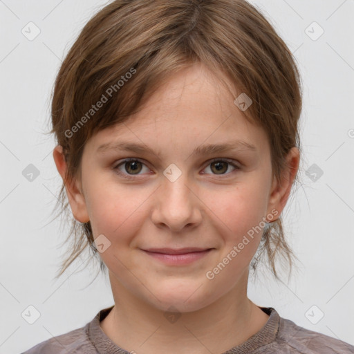 Joyful white child female with medium  brown hair and grey eyes