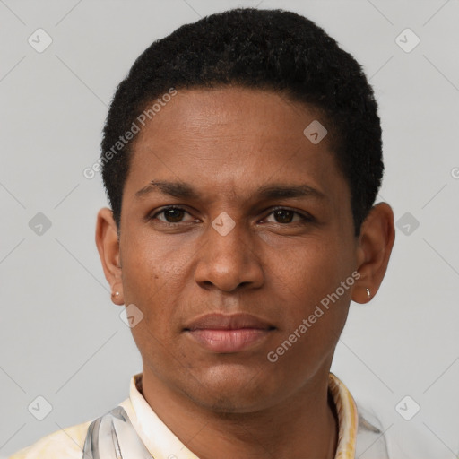 Neutral black young-adult male with short  brown hair and brown eyes