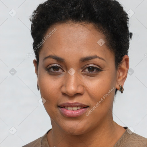 Joyful black young-adult female with short  brown hair and brown eyes