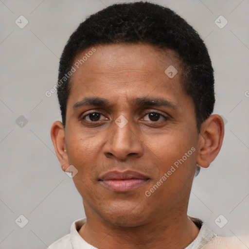 Neutral black young-adult male with short  black hair and brown eyes