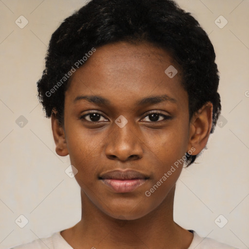 Neutral black young-adult female with short  black hair and brown eyes