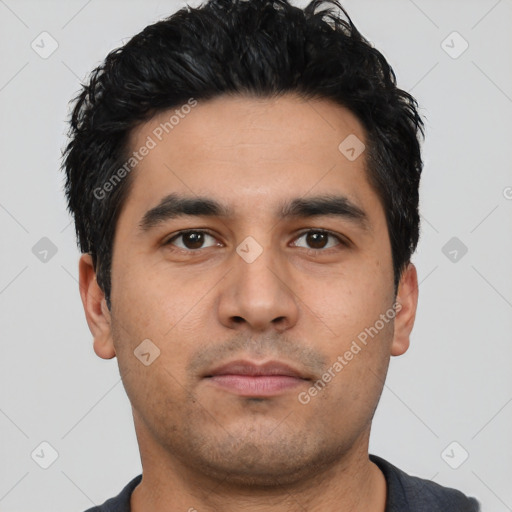 Neutral latino young-adult male with short  black hair and brown eyes