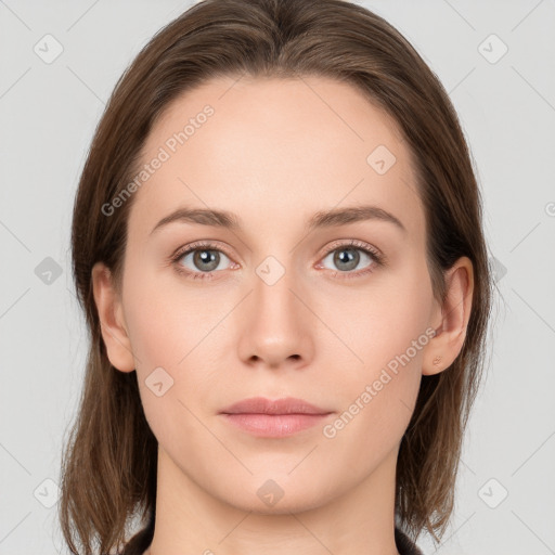 Neutral white young-adult female with long  brown hair and grey eyes