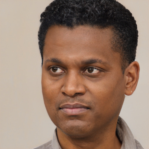 Joyful black young-adult male with short  black hair and brown eyes