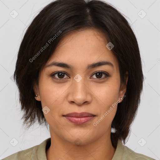 Joyful asian young-adult female with medium  brown hair and brown eyes