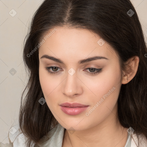 Neutral white young-adult female with medium  brown hair and brown eyes