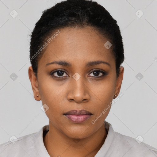 Neutral black young-adult female with short  black hair and brown eyes