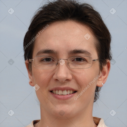 Joyful white adult female with short  brown hair and brown eyes