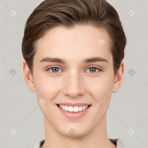 Joyful white young-adult female with short  brown hair and grey eyes