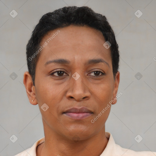 Joyful black young-adult female with short  brown hair and brown eyes
