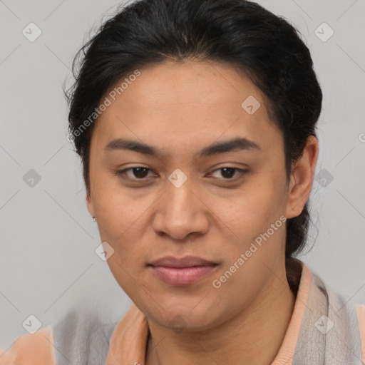 Joyful latino young-adult female with short  brown hair and brown eyes