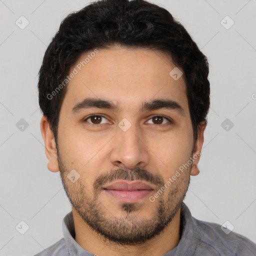 Neutral latino young-adult male with short  black hair and brown eyes