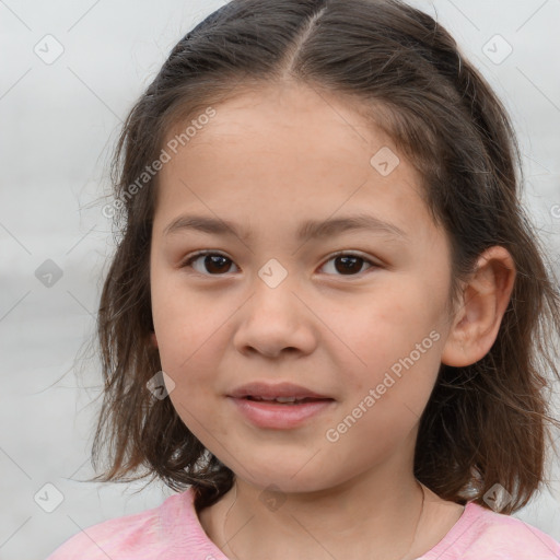 Joyful white child female with medium  brown hair and brown eyes