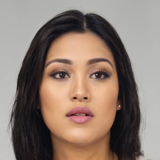 Neutral asian young-adult female with long  black hair and brown eyes