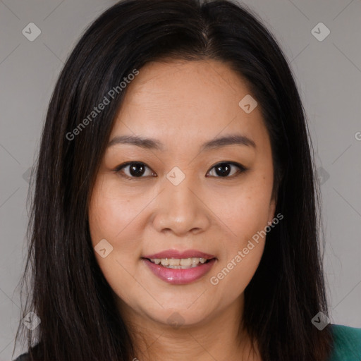 Joyful white young-adult female with long  brown hair and brown eyes