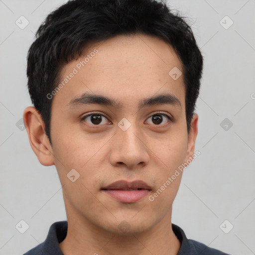 Neutral asian young-adult male with short  brown hair and brown eyes