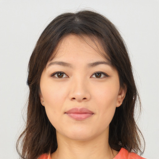 Neutral asian young-adult female with long  brown hair and brown eyes