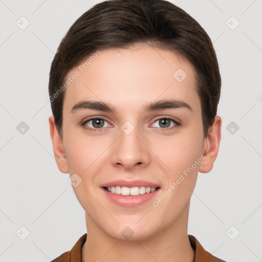 Joyful white young-adult female with short  brown hair and brown eyes