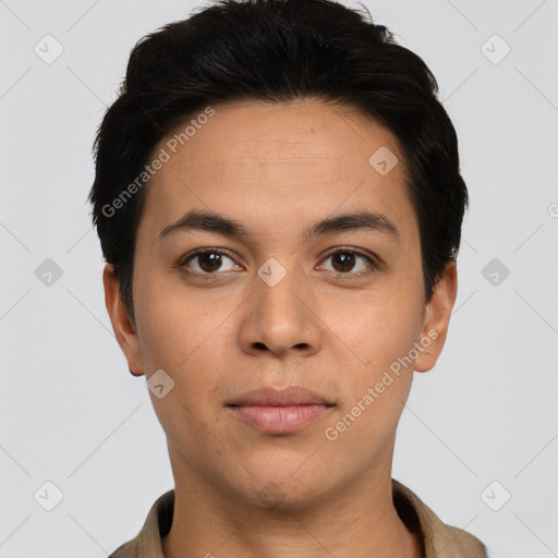 Neutral asian young-adult male with short  black hair and brown eyes