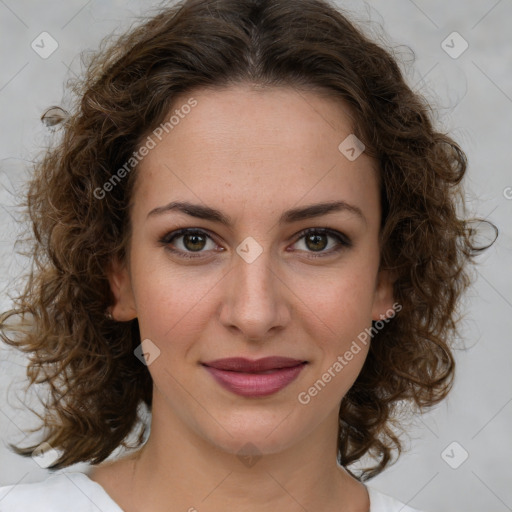 Joyful white young-adult female with medium  brown hair and green eyes