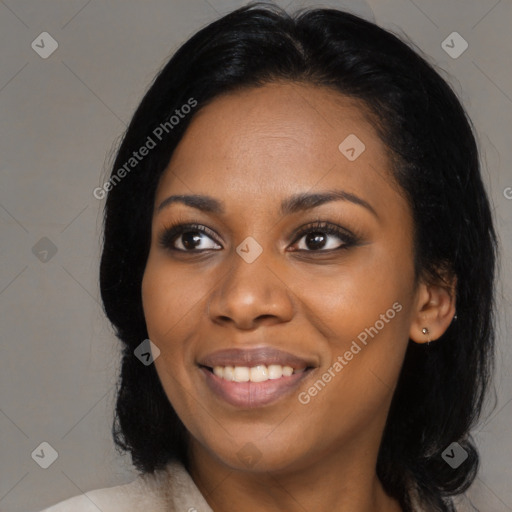 Joyful black young-adult female with medium  black hair and brown eyes