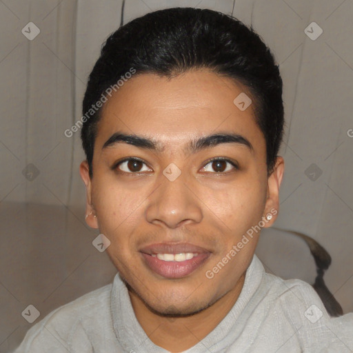 Joyful latino young-adult male with short  black hair and brown eyes