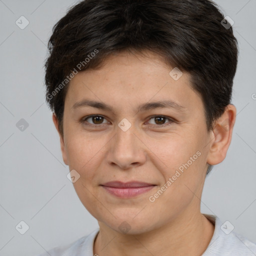 Joyful white young-adult female with short  brown hair and brown eyes