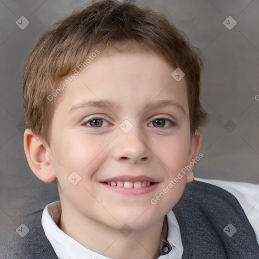 Joyful white child male with short  brown hair and brown eyes