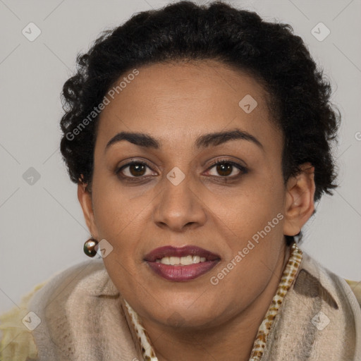 Joyful latino young-adult female with short  brown hair and brown eyes