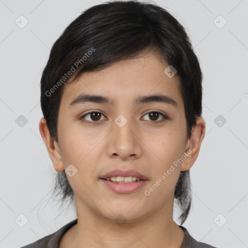 Joyful asian young-adult female with short  black hair and brown eyes