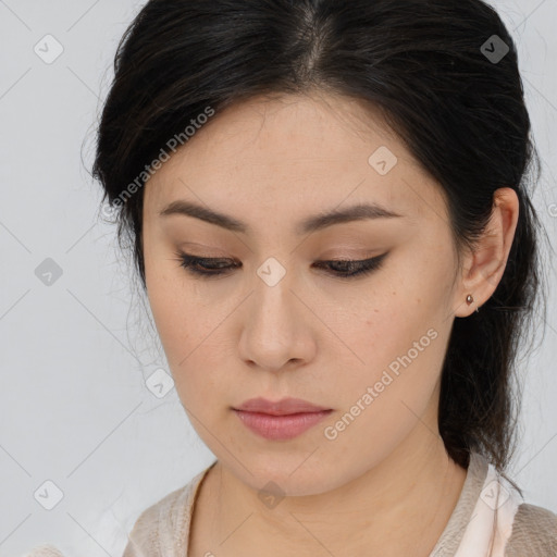 Neutral asian young-adult female with medium  brown hair and brown eyes