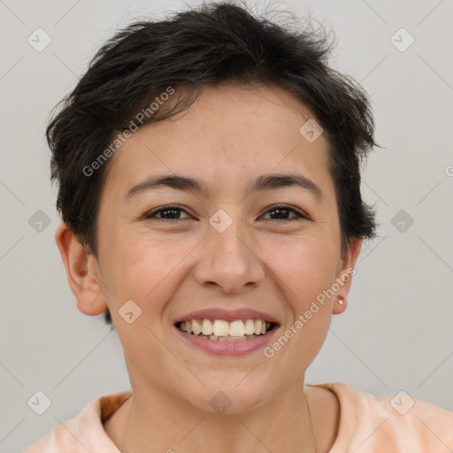 Joyful white young-adult female with short  brown hair and brown eyes