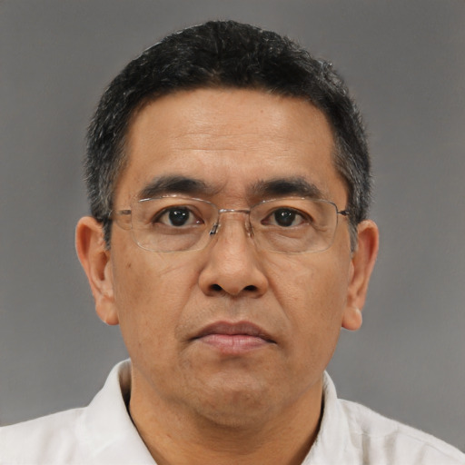 Neutral asian adult male with short  brown hair and brown eyes