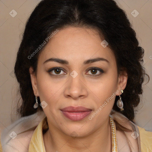 Joyful latino young-adult female with long  brown hair and brown eyes