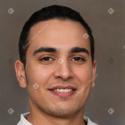 Joyful white young-adult male with short  brown hair and brown eyes